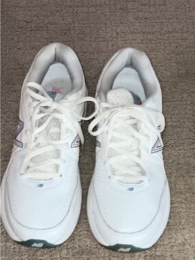 New Balance White Sneakers with Blue & Pink Logo Accents